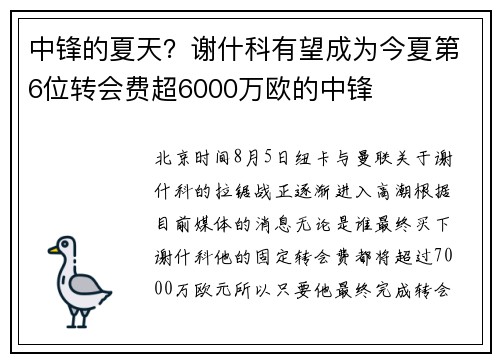 中锋的夏天？谢什科有望成为今夏第6位转会费超6000万欧的中锋