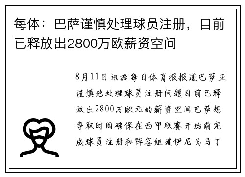 每体：巴萨谨慎处理球员注册，目前已释放出2800万欧薪资空间